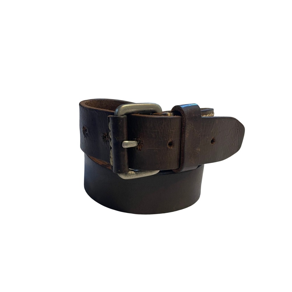 Vintage American Eagle Dark Brown Leather Belt Contrast Stitch Silver Buckle